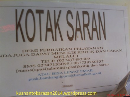 Kotak saran puskesmas Bambanglipuro, nomer telepon dan e-mail.