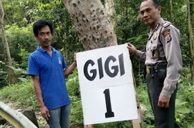 Kapolsek Dlingo bersama salah seorang warga memasang rambu khusus " Gigi 1"