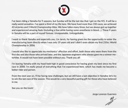 ucapan terimakasih dari Jorge Lorenzo ke Yamaha