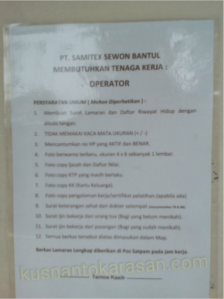 Persyaratan lamaran kerja di PT Samitex Sewon