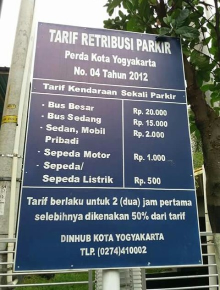 Tarif retribusi parkir oerda kota Yogyakarta no 04 tahun 2012